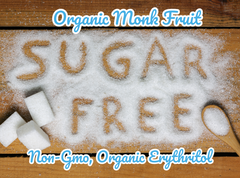 Sugar free wrote with organic monk fruit on wooden table.