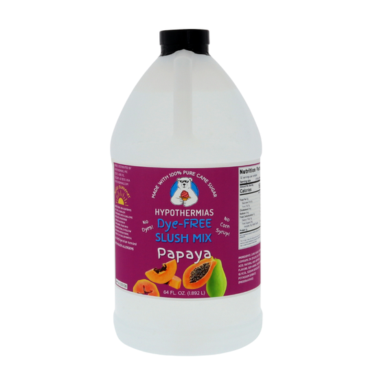 A BPA-free plastic half-gallon bottle of Hypothermias Dye-FREE Papaya Slush Syrup with a vibrant purple label featuring ripe papayas, photographed on a bright white background. This clear, gourmet frozen drink syrup is made in Tucson, Arizona, with non-GMO 100% pure cane sugar and no high fructose corn syrup. Adds smooth, tropical papaya flavor to frozen drinks and slushie dispensers.