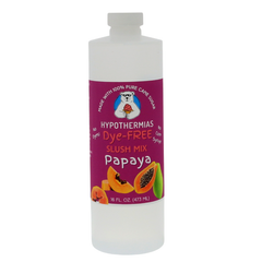 Picture of a BPA-free plastic bottle of Hypothermias Papaya Dye-FREE Slush Syrup on a white background. The label features ripe papaya slices against a purple background. A clear, dye-free slushie mix made with non-GMO 100% pure cane sugar. A tropical frozen drink syrup and non-GMO cane sugar syrup, crafted under the Tucson sun in Arizona, USA.