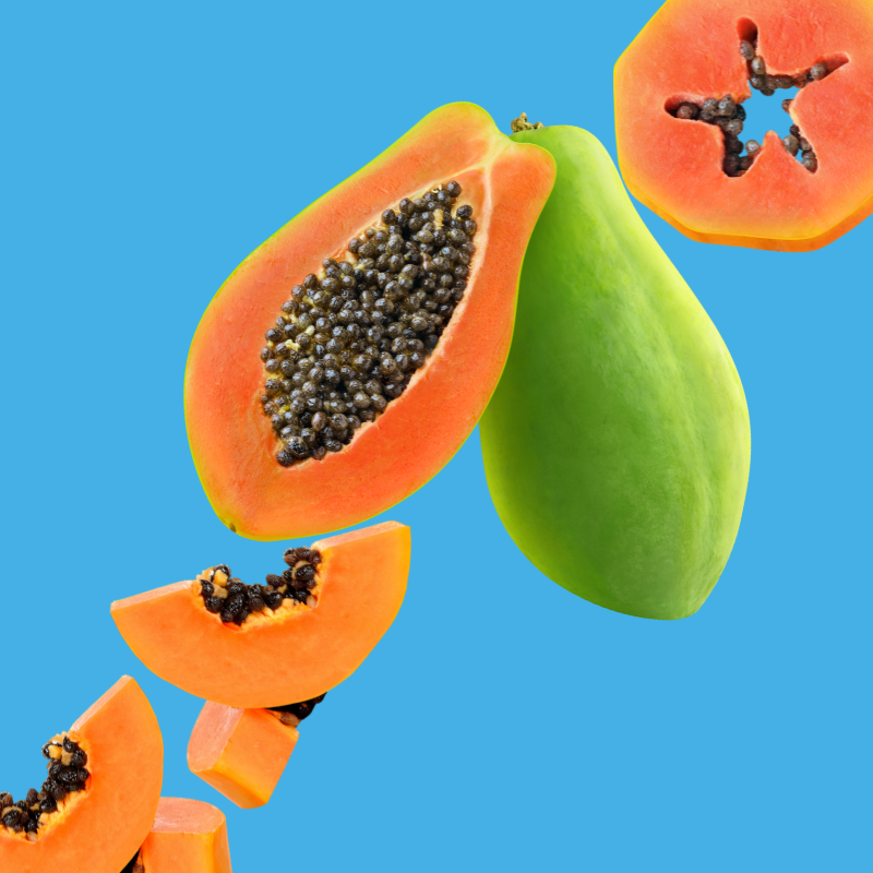 Fresh papaya slices on a vibrant sky blue background representing Papaya SUGAR FREE | Dye-FREE Shaved Ice & Snow Cone Syrup. Distinctly tropical flavor, FREE & Clear, zero net carbs, sugar free, keto-friendly with organic non-GMO monk fruit & erythritol.