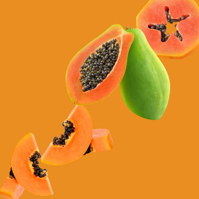 Wild Desert Dye-FREE Papaya Coffee Syrup featured with ripe papaya slices on a warm orange background. Made with non-GMO 100% pure cane sugar and crafted in small batches by a family-owned business in Tucson, Arizona. Clear pour, dye-free syrup with a sweet tropical papaya flavor, perfect for coffee, lattes, teas, smoothies, mocktails, cocktails, and specialty drinks.