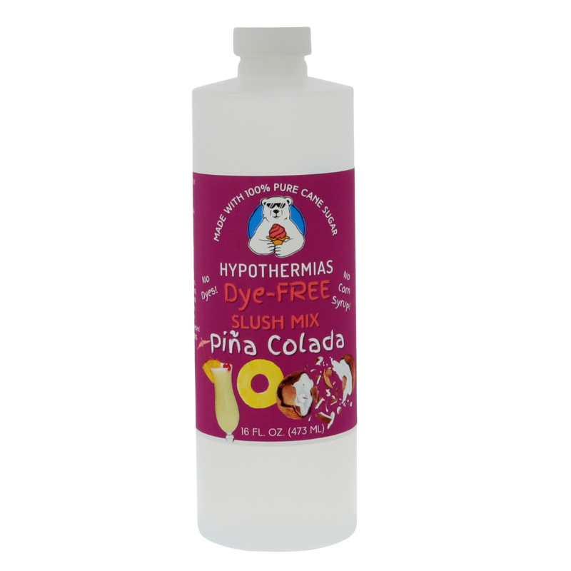 Picture of a BPA-free plastic bottle of Hypothermias Pina Colada Dye-FREE Slush Syrup on a white background. The label features pineapple wedges and coconuts against a purple background. A clear, dye-free slushy syrup made with non-GMO 100% pure cane sugar. A creamy tropical frozen beverage mix and café slush syrup from a family-owned flavor syrup company, small-batch crafted in Tucson, Arizona, USA.