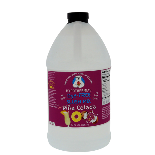 A BPA-free plastic half-gallon bottle of Hypothermias Dye-FREE Piña Colada Slush Syrup with a vibrant purple label showing pineapple, coconut, and a piña colada glass, photographed on a white background. This clear, premium frozen drink syrup is made with non-GMO 100% pure cane sugar and no dyes or high fructose corn syrup. Offers creamy coconut and pineapple flavor for slushies, cocktails, and summer drinks.