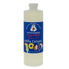 A pint of Hypothermias Dye-FREE Piña Colada Shaved Ice & Snow Cone Syrup in a BPA-free plastic bottle on a clean white background, featuring a dark blue label with images of pineapple and coconut representing the flavor. The syrup is clear with no dyes and crafted from non-GMO 100% pure cane sugar by a family-run small business in Tucson, Arizona, USA — a UNESCO City of Gastronomy.