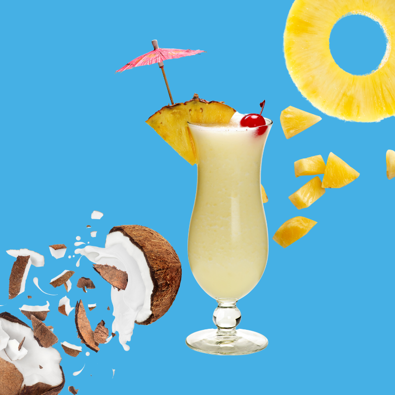 Pineapple and coconut on a vibrant sky blue background representing Piña Colada SUGAR FREE | Dye-FREE Shaved Ice & Snow Cone Syrup. Sweet tropical flavor, FREE & Clear, zero net carbs, sugar free, keto-friendly with organic non-GMO monk fruit & erythritol.