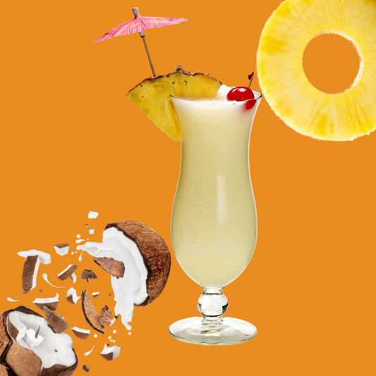 Piña colada drink with coconut and pineapple on a burnt orange background representing Wild Desert Dye-FREE Piña Colada Coffee Syrup. Made with non-GMO 100% pure cane sugar and crafted in small batches by a family-owned business in Tucson, Arizona. Dye-free, clear pour syrup with sweet tropical coconut and pineapple flavor, perfect for coffee, lattes, teas, smoothies, and specialty drinks.