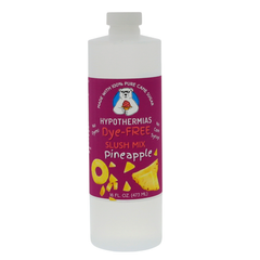 Picture of a BPA-free plastic bottle of Hypothermias Pineapple Dye-FREE Slush Syrup on a white background. The label features golden pineapple slices against a purple background. A clear, dye-free slush mix made with non-GMO 100% pure cane sugar. A tropical flavored slush syrup and frozen treat syrup, small-batch crafted in Tucson, Arizona, USA.