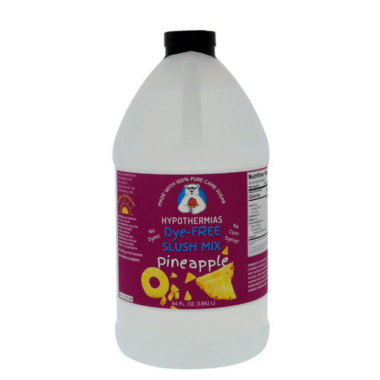A BPA-free plastic half-gallon bottle of Hypothermias Dye-FREE Pineapple Slush Syrup with a vibrant purple label featuring pineapple slices, photographed on a clean white background. This clear, gourmet frozen drink syrup is made in Tucson, Arizona, with non-GMO 100% pure cane sugar and no high fructose corn syrup. Delivers fresh pineapple flavor for slushie machines and frozen beverages.
