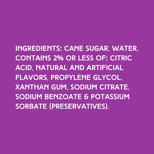 Ingredients for Hypothermias Pineapple Dye-Free Slush Syrup including non-GMO 100% pure cane sugar, natural and artificial flavors, and no artificial dyes or corn syrup.
