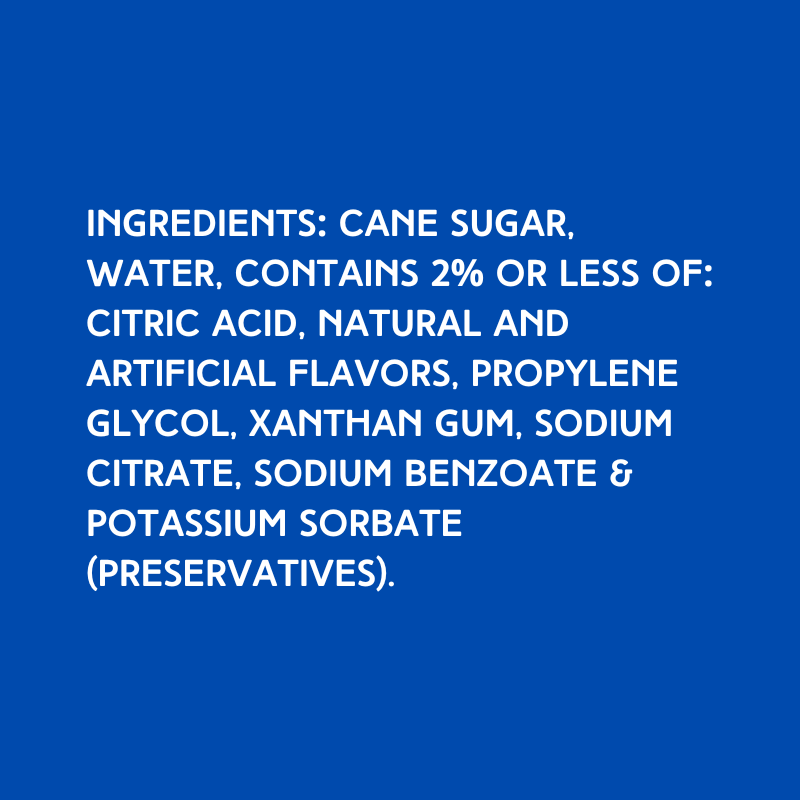 Image displays the full ingredients list for Hypothermias Dye-Free Pineapple Snow Cone Syrup, which contains cane sugar and no dyes or high-fructose corn syrup.