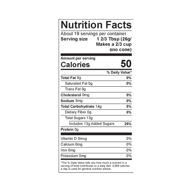 Nutrition label for Hypothermias pint-sized 100% pure cane sugar syrup, made from non-GMO ingredients in small batches by a family-owned business in Tucson, Arizona, and packaged in recyclable BPA-free plastic bottles.