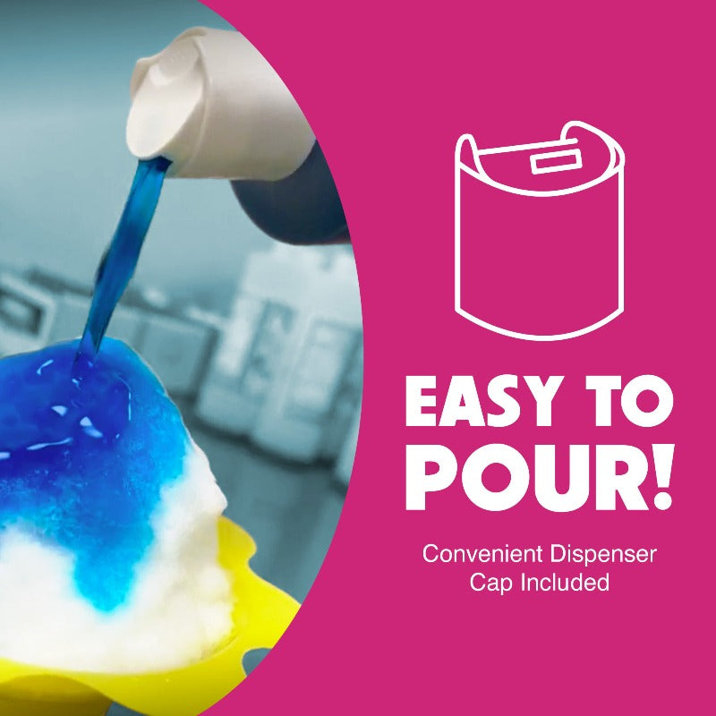 Pouring Hypothermias snow cone syrup on shaved ice in yellow flower cup.