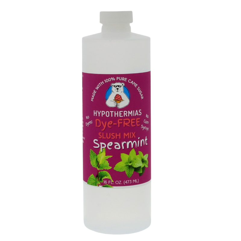 Picture of a BPA-free plastic bottle of Hypothermias Spearmint Dye-FREE Slush Syrup on a white background. The label features fresh mint leaves against a purple background. A clear, dye-free slushie syrup made with non-GMO 100% pure cane sugar. A cool and refreshing gourmet slush mix and cold drink concentrate, artisan crafted in Tucson, Arizona, USA.