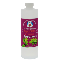 Picture of a BPA-free plastic bottle of Hypothermias Spearmint Dye-FREE Slush Syrup on a white background. The label features fresh mint leaves against a purple background. A clear, dye-free slushie syrup made with non-GMO 100% pure cane sugar. A cool and refreshing gourmet slush mix and cold drink concentrate, artisan crafted in Tucson, Arizona, USA.