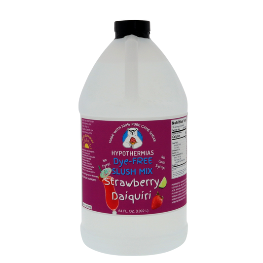A BPA-free plastic half-gallon bottle of Hypothermias Dye-FREE Strawberry Daiquiri Slush Syrup with a vibrant purple label showing ripe strawberries and a daiquiri glass, photographed on a white background. This clear, gourmet frozen drink syrup is made in Tucson, Arizona, with non-GMO 100% pure cane sugar and no dyes or high fructose corn syrup. Delivers sweet, tropical strawberry flavor for slushies and frozen cocktails.