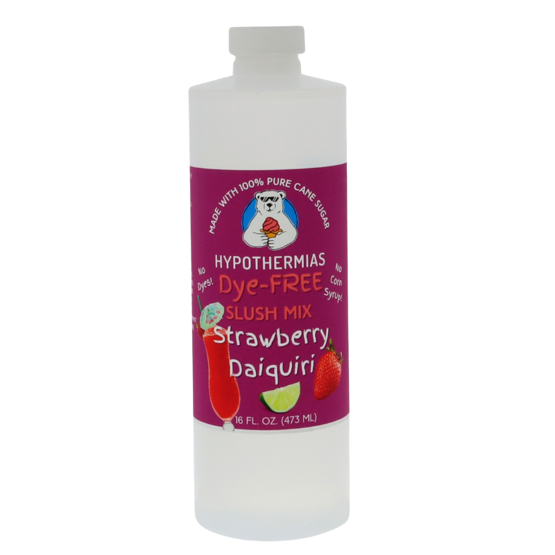 Picture of a BPA-free plastic bottle of Hypothermias Strawberry Daiquiri Dye-FREE Slush Syrup on a white background. The label features ripe strawberries and a daiquiri glass against a purple background. A clear, dye-free slushy mix made with non-GMO 100% pure cane sugar. A tropical frozen drink flavor syrup and premium beverage mix, crafted under the Tucson sun in Arizona, USA.