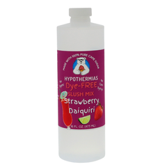 Picture of a BPA-free plastic bottle of Hypothermias Strawberry Daiquiri Dye-FREE Slush Syrup on a white background. The label features ripe strawberries and a daiquiri glass against a purple background. A clear, dye-free slushy mix made with non-GMO 100% pure cane sugar. A tropical frozen drink flavor syrup and premium beverage mix, crafted under the Tucson sun in Arizona, USA.