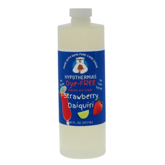 A pint of Hypothermias Dye-FREE Strawberry Daiquiri Shaved Ice & Snow Cone Syrup in a BPA-free plastic bottle on a clean white background, featuring a dark blue label with images of strawberries representing the flavor. The syrup is clear with no dyes and crafted from non-GMO 100% pure cane sugar by a family-run small business in Tucson, Arizona, USA — a UNESCO City of Gastronomy.