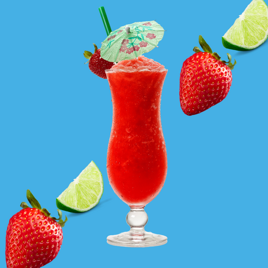 Frozen strawberry daiquiri mocktail on a vibrant sky blue background representing Strawberry Daiquiri SUGAR FREE | Dye-FREE Shaved Ice & Snow Cone Syrup. Fruity, tangy flavor, FREE & Clear, zero net carbs, sugar free, keto-friendly with organic non-GMO monk fruit & erythritol.