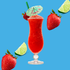 Frozen strawberry daiquiri mocktail on a vibrant sky blue background representing Strawberry Daiquiri SUGAR FREE | Dye-FREE Shaved Ice & Snow Cone Syrup. Fruity, tangy flavor, FREE & Clear, zero net carbs, sugar free, keto-friendly with organic non-GMO monk fruit & erythritol.