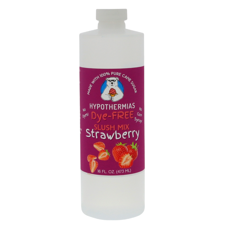 Picture of a BPA-free plastic bottle of Hypothermias Strawberry Dye-FREE Slush Syrup on a white background. The label features fresh red strawberries against a purple background. A clear, dye-free slushie syrup made with non-GMO 100% pure cane sugar. A fruity frozen drink syrup and clear dye-free syrup from a family-owned flavor syrup company, small-batch crafted in Tucson, Arizona, USA.