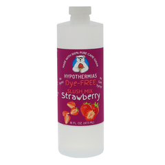 Picture of a BPA-free plastic bottle of Hypothermias Strawberry Dye-FREE Slush Syrup on a white background. The label features fresh red strawberries against a purple background. A clear, dye-free slushie syrup made with non-GMO 100% pure cane sugar. A fruity frozen drink syrup and clear dye-free syrup from a family-owned flavor syrup company, small-batch crafted in Tucson, Arizona, USA.