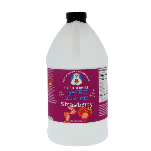 A BPA-free plastic half-gallon bottle of Hypothermias Dye-FREE Strawberry Slush Syrup with a vibrant purple label featuring fresh strawberries, photographed on a clean white background. This clear, premium frozen drink syrup is made with non-GMO 100% pure cane sugar and contains no high fructose corn syrup. Offers bright strawberry flavor perfect for slushie machines and summer beverages.