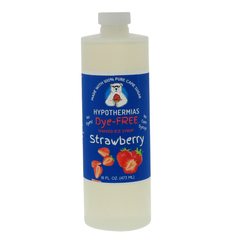 A pint of Hypothermias Dye-FREE Strawberry Shaved Ice & Snow Cone Syrup in a BPA-free plastic bottle on a clean white background, featuring a dark blue label with an image of ripe red strawberries representing the flavor. The syrup is clear with no dyes and made from pure cane sugar and non-GMO ingredients by a family-run small business in Tucson, Arizona, USA — a UNESCO City of Gastronomy.