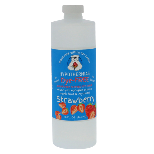 A pint of Hypothermias Sugar-Free & Dye-Free Strawberry Shaved Ice and Snow Cone Syrup in a BPA-free plastic bottle on a bright white background, featuring an azure blue label with strawberries representing the flavor. This clear, sugar-free syrup is made with organic and non-GMO monk fruit and erythritol for a naturally sweet, classic strawberry flavor without dyes or added sugars.