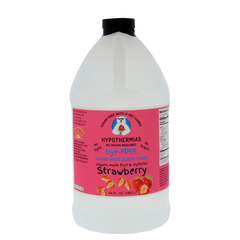 A half-gallon bottle of Hypothermias Sugar-Free & Dye-Free Strawberry Slush Syrup with a vibrant pink label featuring ripe strawberries, shown on a clean white background. Made with organic monk fruit and erythritol for a bright, sugar-free frozen drink flavor.
