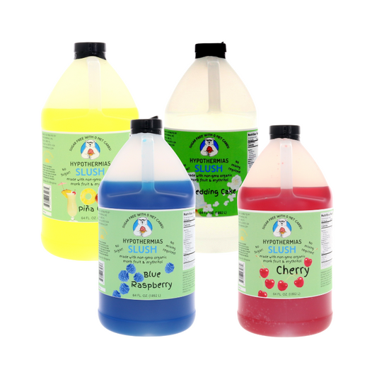 Sugar Free Dye-FREE Slush Syrup Variety Pack – 4 half gallon bottles in Classic Colors and clear Dye-FREE options on a white background. Made with organic monk fruit and erythritol for slushie machines, frozen drinks, and low-carb treats.