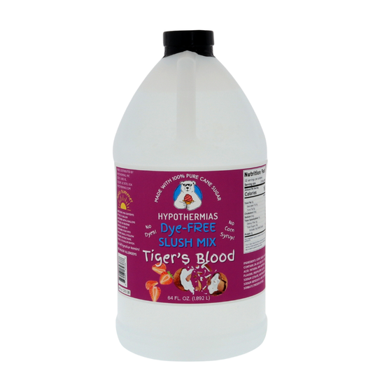 A BPA-free plastic half-gallon bottle of Hypothermias Dye-FREE Tiger’s Blood Slush Syrup with a vibrant purple label showing strawberries and coconuts, photographed on a white background. This clear, gourmet frozen drink syrup is made in Tucson, Arizona, from non-GMO 100% pure cane sugar. Free of dyes and high fructose corn syrup, it provides the iconic fruity blend for slushie and frozen beverage machines.