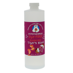 Picture of a BPA-free plastic bottle of Hypothermias Tiger’s Blood Dye-FREE Slush Syrup on a white background. The label features a blend of strawberry, coconut, and watermelon imagery against a purple background. A clear, dye-free slushie syrup made with non-GMO 100% pure cane sugar. A bold flavored slush syrup and frozen drink mix, small-batch crafted in Tucson, Arizona, USA.