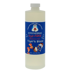 A pint of Hypothermias Dye-FREE Tiger’s Blood Shaved Ice & Snow Cone Syrup in a BPA-free plastic bottle on a bright white background, featuring a dark blue label with an image of strawberries and coconut to represent the flavor. This clear syrup contains no dyes and is made from non-GMO 100% pure cane sugar by a family-run small business in Tucson, Arizona, USA.