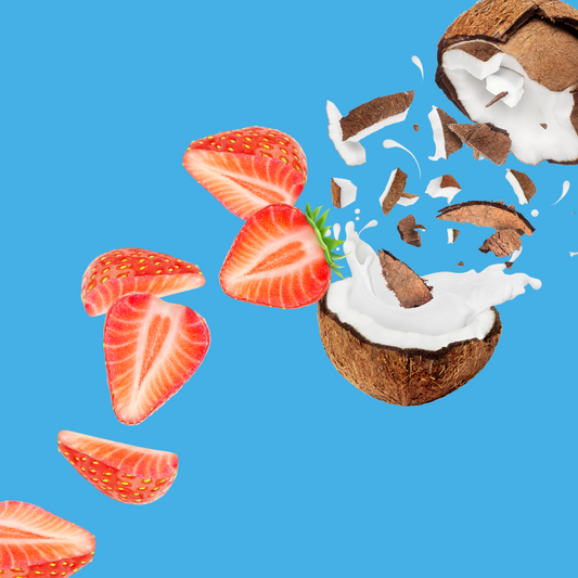 Fresh strawberries and coconut on a vibrant sky blue background representing Hypothermias Tiger’s Blood SUGAR FREE | Dye-FREE Shaved Ice Syrup. Strawberry coconut blend, sugar free, dye free, keto-friendly with monk fruit & erythritol.