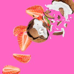 Fresh strawberry and coconut on a vibrant pink background representing Hypothermias Tiger’s Blood Sugar Free Dye-FREE Slush Syrup, a keto-friendly slush mix with monk fruit and erythritol for zero net carb frozen drinks and slushie machines