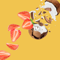 Wild Desert Sugar Free Dye-FREE Tiger’s Blood Coffee Syrup, clear pour with strawberry and coconut flavor, photo on golden yellow background.