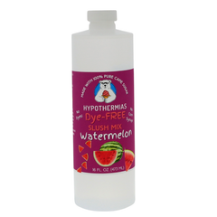Picture of a BPA-free plastic bottle of Hypothermias Watermelon Dye-FREE Slush Syrup on a white background. The label features fresh watermelon slices against a purple background. A clear, dye-free slushy syrup made with non-GMO 100% pure cane sugar. A sweet and refreshing frozen beverage syrup and slushie mix, crafted under the Tucson sun in Arizona, USA.