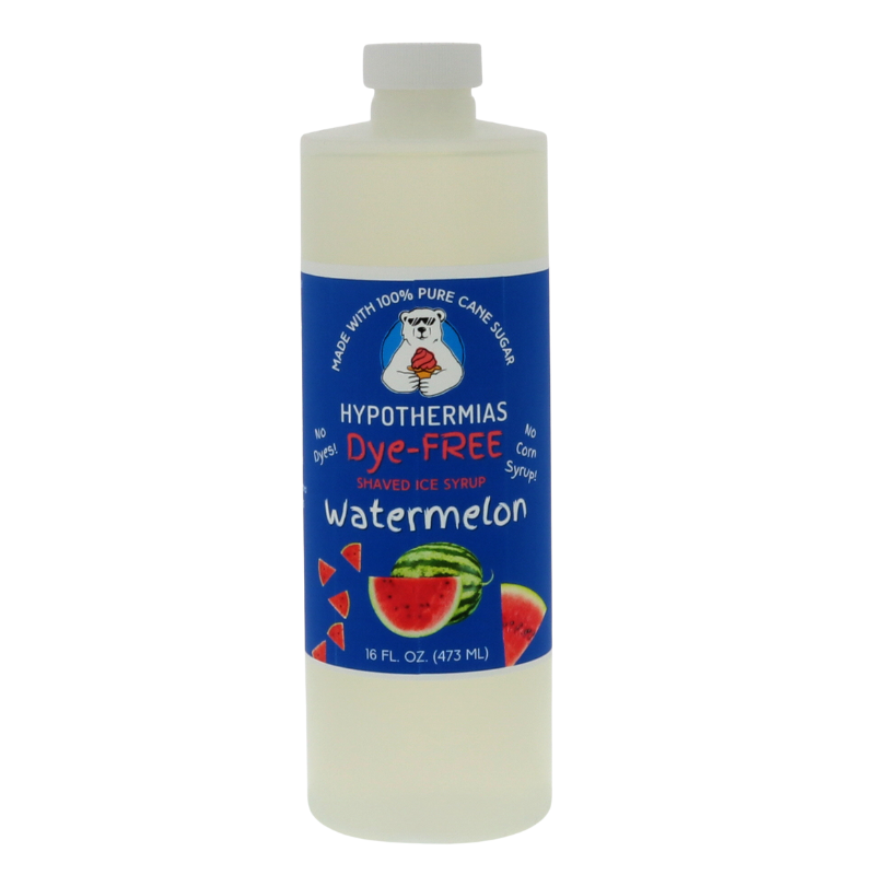 A pint of Hypothermias Dye-FREE Watermelon Shaved Ice & Snow Cone Syrup in a BPA-free plastic bottle on a bright white background, featuring a dark blue label with an image of juicy watermelon slices representing the flavor. The syrup is clear with no dyes and made from pure cane sugar and non-GMO ingredients by a family-run small business in Tucson, Arizona, USA — a UNESCO City of Gastronomy.