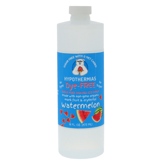 A pint of Hypothermias Sugar-Free & Dye-Free Watermelon Snow Cone and Shaved Ice Syrup in a BPA-free plastic bottle on a bright white background, featuring an azure blue label with watermelon slice imagery. This clear, sugar-free syrup is made with organic and non-GMO monk fruit and erythritol for a juicy, refreshing flavor without dyes or added sugars.