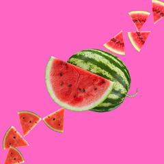 Fresh watermelon slices on a vibrant pink background representing Hypothermias Watermelon Sugar Free Dye-FREE Slush Syrup, a keto-friendly slush mix with monk fruit and erythritol for zero net carb frozen drinks and slushie machines