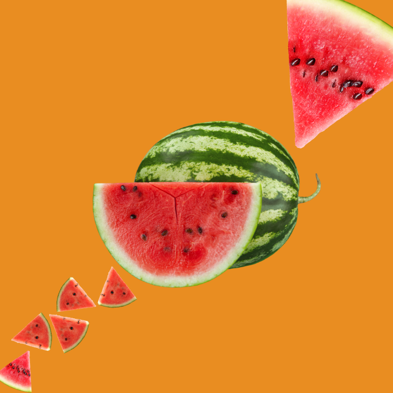 Fresh watermelon slices on a burnt orange background representing Wild Desert Dye-FREE Watermelon Coffee Syrup. Made with non-GMO 100% pure cane sugar and crafted in small batches by a family-owned business in Tucson, Arizona. Clear pour, dye-free, fruity watermelon flavor perfect for coffee, lattes, teas, smoothies, and specialty drinks.
