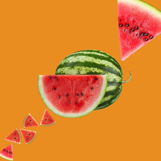 Fresh watermelon slices on a burnt orange background representing Wild Desert Dye-FREE Watermelon Coffee Syrup. Made with non-GMO 100% pure cane sugar and crafted in small batches by a family-owned business in Tucson, Arizona. Clear pour, dye-free, fruity watermelon flavor perfect for coffee, lattes, teas, smoothies, and specialty drinks.