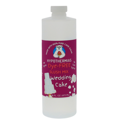 Picture of a BPA-free plastic bottle of Hypothermias Wedding Cake Dye-FREE Slush Syrup on a white background. The label features a slice of white wedding cake with vanilla frosting against a purple background. A clear, dye-free slush mix made with non-GMO 100% pure cane sugar. A smooth and creamy frozen drink syrup and gourmet slush mix, small-batch crafted in Tucson, Arizona, USA.