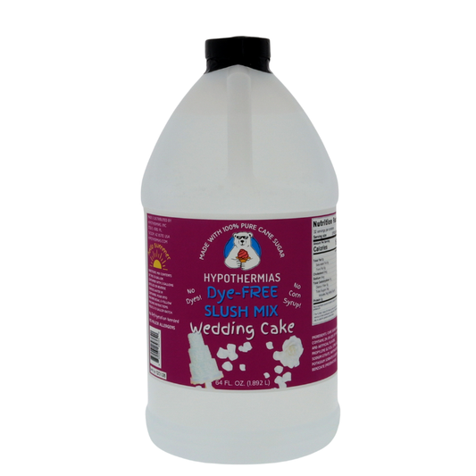 A BPA-free plastic half-gallon bottle of Hypothermias Dye-FREE Wedding Cake Slush Syrup with a vibrant purple label featuring a white wedding cake, photographed on a clean white background. This clear, gourmet frozen drink syrup is crafted in small batches in Tucson, Arizona, with non-GMO 100% pure cane sugar and no high fructose corn syrup. Delivers smooth vanilla-almond flavor for slushie machines and dessert beverages.