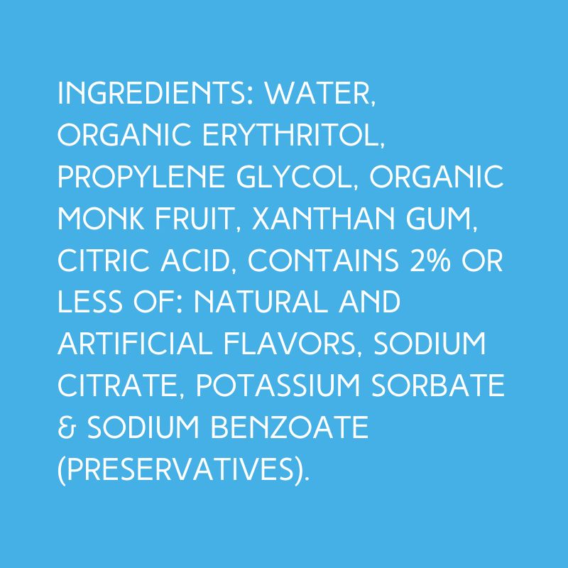 Ingredients for Hypothermias Wedding Cake SUGAR FREE | Dye-FREE Shaved Ice Syrup on a vibrant sky blue background. Organic monk fruit, erythritol, natural & artificial flavors.