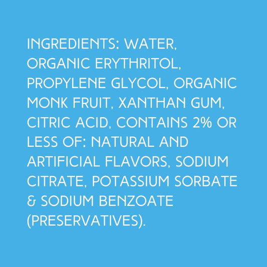 Ingredients for Hypothermias Wedding Cake SUGAR FREE | Dye-FREE Shaved Ice Syrup on a vibrant sky blue background. Organic monk fruit, erythritol, natural & artificial flavors.