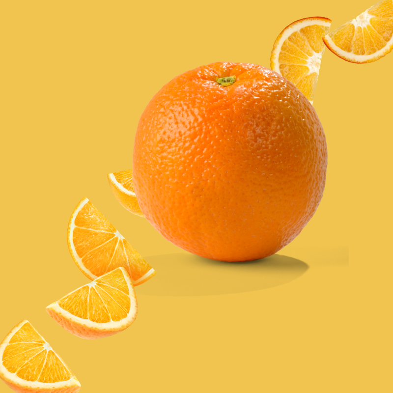 A picture of vibrant citrus oranges representing bold orange clear, dye-free coffee syrup with classic soda flavor made for teas, sodas, and lattes