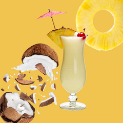 A picture of coconut, pineapple, and a piña colada drink representing Wild Desert Piña Colada Dye-FREE Coffee Syrup. A clear, dye-free syrup made for cold brew, iced teas, and lattes