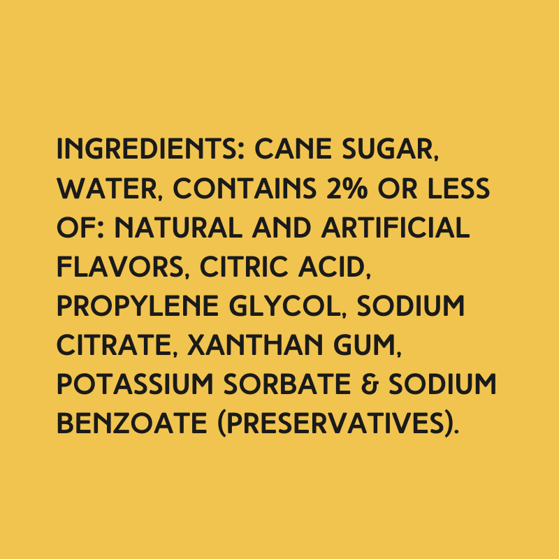 Ingredients used in Wild Desert Dye-FREE Fruit Punch Coffee Syrup including pure cane sugar, with no corn syrup or artificial color.